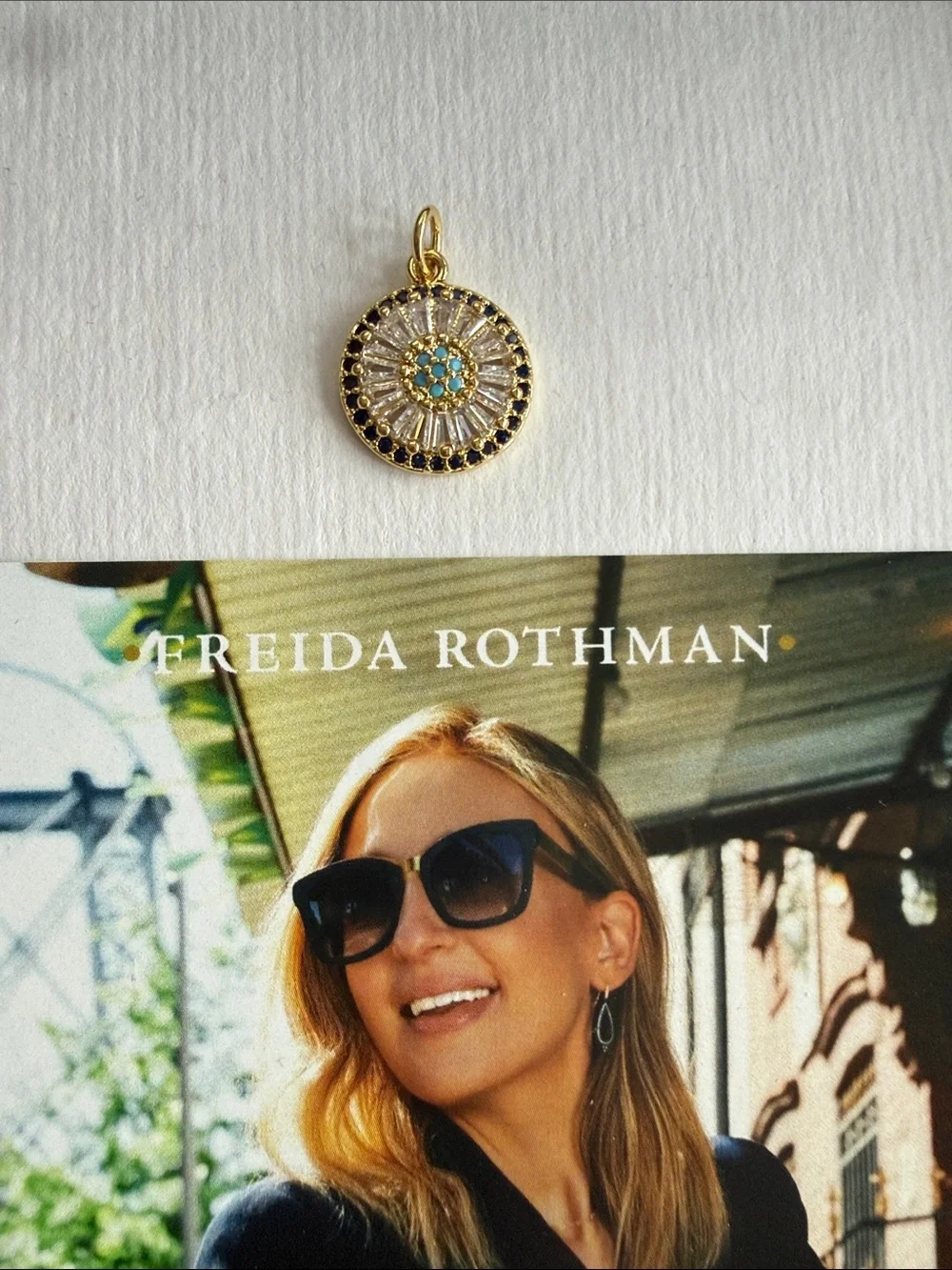 NEW Freida Rothman Gold and Turquoise Sunburst Pendant Charm 5/8”